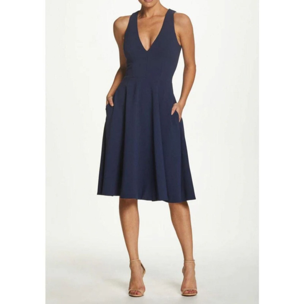 Dress The Population Catalina Fit & Flare Dress Women L Midnight Blue V-Neck